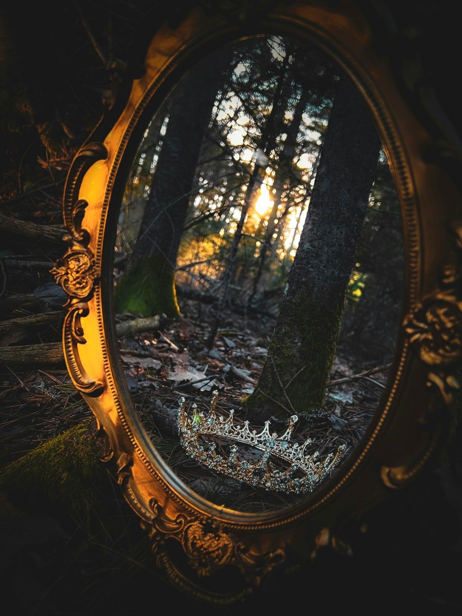 An ornate gold mirror in a dark forest, crown resting at its base
