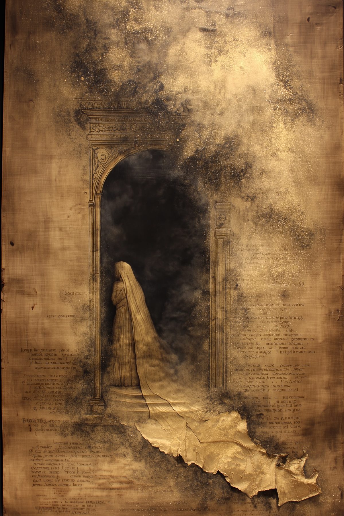 Inanna at the first gate: a veiled figure standing in a stone archway, the dark beyond it, on vellum.
